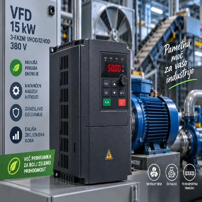 VFD Frekvenčni pretvornik 15 kW, 3-fazni vhod/izhod 380 V